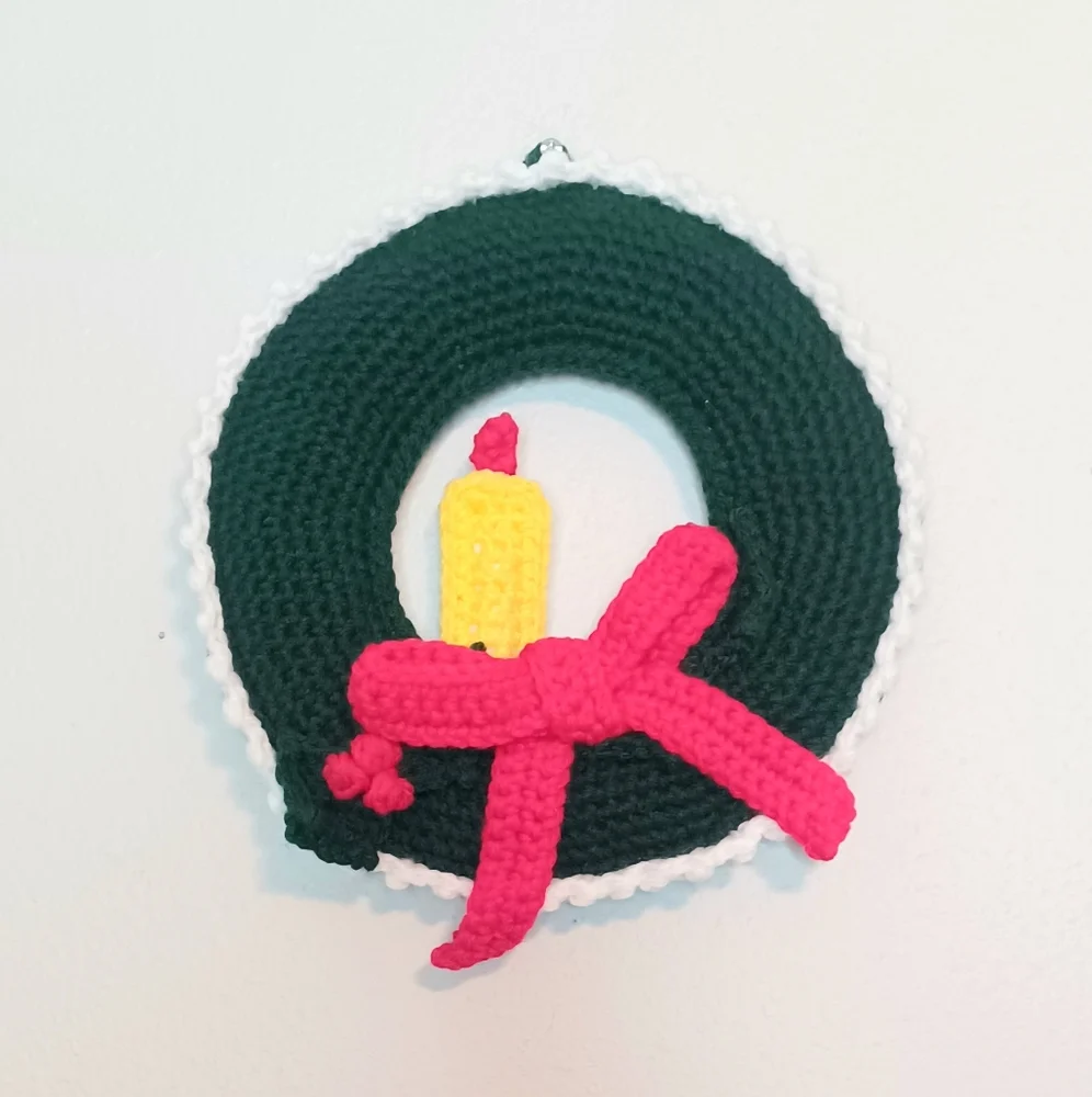 Crocheted Christmas Wreath with Candle, Bow, and Holly Berries